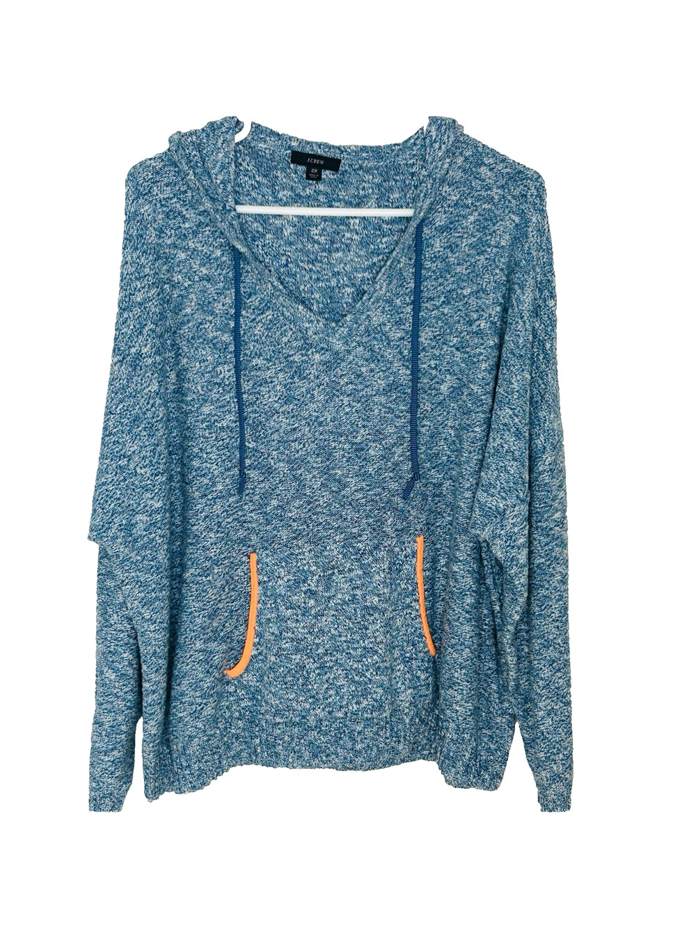 J Crew Marled V-Neck Hooded Sweater 2X Blue Beachy Coastal Cozy Cotton Relaxed